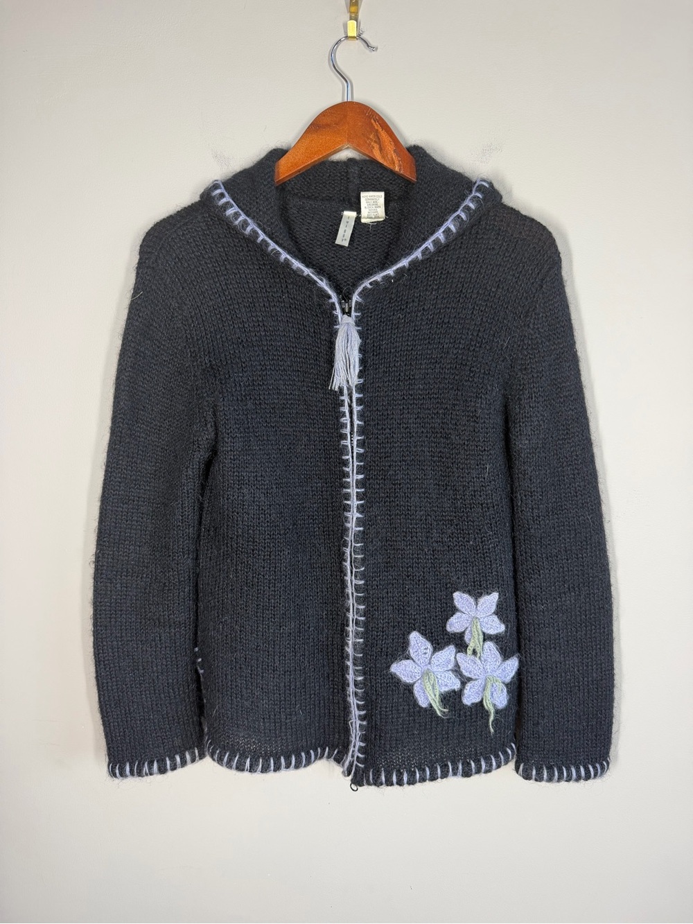Twiggy Black Hooded Mohair Blend Knit Sweater with Flower Appliqué, Size XL